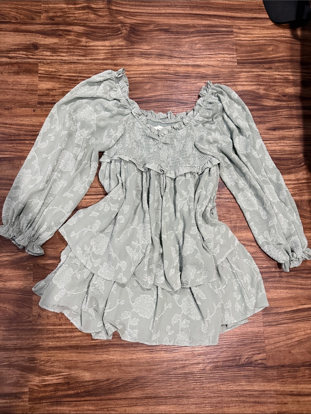 Altar'd State Sage Green Smocked Ruffle Tunic